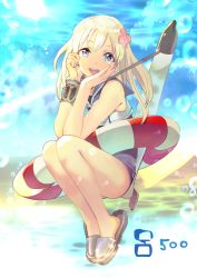 Rule 34 | 10s, 119, 1girl, blonde hair, blue eyes, bubble, head rest, crop top, flower, hair flower, hair ornament, kantai collection, long hair, looking at viewer, open mouth, ro-500 (kancolle), school swimsuit, school uniform, smile, solo, squatting, swimsuit, swimsuit under clothes, tan, teeth, tongue, torpedo