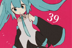 Rule 34 | 1girl, 39, blue eyes, blue hair, blush stickers, cat, collared shirt, detached sleeves, expressionless, hatsune miku, highres, long hair, necktie, pink background, ponponzutea, shirt, sleeveless, sleeveless shirt, sleeves past fingers, sleeves past wrists, solo, twintails, vocaloid