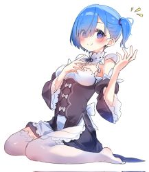 Rule 34 | 1girl, alternate hairstyle, apron, bare shoulders, black dress, black ribbon, blue eyes, blue hair, blush, breasts, detached sleeves, dress, frills, hair over one eye, hands up, highres, juliet sleeves, koushin ryo, long sleeves, looking at viewer, medium breasts, neck ribbon, puffy sleeves, re:zero kara hajimeru isekai seikatsu, rem (re:zero), ribbon, roswaal mansion maid uniform, short hair, side ponytail, simple background, smile, solo, thighhighs, waist apron, white apron, white background, white thighhighs