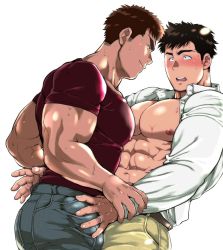 Rule 34 | 2boys, abs, bara, belt, biceps, black hair, blush, brown hair, bulge, chabashira tatsukichi, collared shirt, couple, denim, erection, erection under clothes, guided crotch grab, guiding hand, holding hands, jeans, jewelry, large pectorals, leather belt, looking at another, male focus, manly, mature male, multiple boys, muscular, muscular male, nipples, open clothes, open mouth, open shirt, original, pants, pectorals, ring, shirt, simple background, smile, spiked hair, sweat, sweatdrop, t-shirt, tan, teeth, thick arms, thick eyebrows, tight clothes, tongue, white background, yaoi