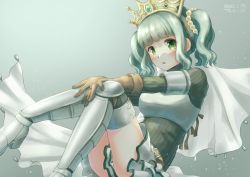 1girl, :o, armored boots, asukaru (magika ru), bangs, belt, blunt bangs, boots, brown belt, brown gloves, cape lift, clothes lift, curly hair, expressionless, eyebrows visible through hair, eyes visible through hair, feet out of frame, futaba sana, gloves, gradient, gradient background, green background, green eyes, green hair, green sweater, green theme, grey background, hair bobbles, hair ornament, hands on own knees, knees to chest, knees together feet apart, layered skirt, light blush, light particles, looking at viewer, magia record: mahou shoujo madoka magica gaiden, mahou shoujo madoka magica, outstretched arms, parted lips, ribbed sweater, shaded face, shiny, shiny hair, sidelighting, sidelocks, simple background, skirt, solo, sweater, thigh boots, thighhighs, thighs, tiara, turtleneck, turtleneck sweater, twintails, veil, waist cape, white skirt