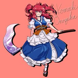 Rule 34 | 1girl, blue dress, blush, carbohydrate (asta4282), character name, dress, hair bobbles, hair ornament, highres, okobo, onozuka komachi, phantasmagoria of flower view, red background, red eyes, red hair, sandals, sash, scythe, short hair, solo, surprised, sweatdrop, touhou, two side up