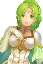 Rule 34 | 1girl, armor, cape, commentary request, elbow gloves, fire emblem, fire emblem: the sacred stones, gloves, green eyes, green hair, jurge, l&#039;arachel (fire emblem), nintendo, parted lips, shoulder armor, simple background, solo, upper body, white background, white gloves