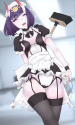 Rule 34 | 1girl, absurdres, alternate costume, apron, bad id, bad pixiv id, black dress, black neckwear, black thighhighs, blush, bob cut, breasts, brooch, bucket, daiishori, detached collar, dress, enmaided, eyeliner, fangs, fate/grand order, fate (series), garter straps, headpiece, highres, horns, jewelry, looking at viewer, maid, maid headdress, makeup, mop, music, musical note, oni, open mouth, puffy short sleeves, puffy sleeves, purple eyes, purple hair, short dress, short eyebrows, short hair, short sleeves, shuten douji (fate), sideboob, singing, skin-covered horns, small breasts, smile, solo, thighhighs, thighs, waist apron, white apron, wristband