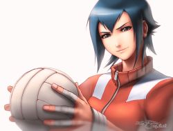 Rule 34 | 1girl, ayuhara natsu, ball, black hair, capcom, closed mouth, dated, jacket, justice gakuen, looking at viewer, omar dogan, shiritsu justice gakuen, short hair, simple background, smirk, solo, track jacket, upper body, volleyball, volleyball (object), white background, zipper
