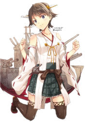 Rule 34 | &gt;:), 10s, 1girl, brown hair, cannon, clenched hands, dated, frilled skirt, frills, headgear, hiei (kancolle), kantai collection, kneeling, no legwear, plaid, plaid skirt, purple eyes, ribbon-trimmed sleeves, ribbon trim, short hair, simple background, skirt, smile, solo, thighhighs, tomozo kaoru, turret, twitter username, v-shaped eyebrows, white background, zettai ryouiki