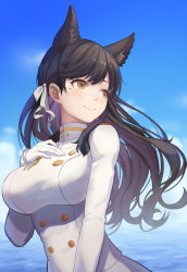 Rule 34 | 1girl, absurdres, animal ears, atago (azur lane), azur lane, black hair, blue sky, breasts, brown eyes, closed mouth, gloves, hair ribbon, hand on own chest, highres, jiantai, large breasts, long hair, looking away, mole, mole under eye, ocean, ribbon, simple background, sky, smile, solo, uniform, water, white gloves, white ribbon, white uniform