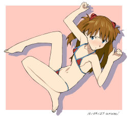 Rule 34 | 1girl, :/, alternate costume, armpits, baba arumi, bad id, bad pixiv id, barefoot, bikini, blue eyes, blush, breasts, brown hair, dated, embarrassed, from side, full body, hair ornament, hands up, legs, long hair, looking at viewer, navel, neon genesis evangelion, nose blush, pink background, red bikini, shadow, sideboob, signature, simple background, skinny, small breasts, solo, souryuu asuka langley, string bikini, swimsuit