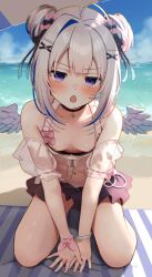 1girl ahoge amane_kanata amane_kanata_(summer) angel_wings arm_support bare_shoulders beach_towel beach_umbrella black_choker blue_hair blush bow bracelet buket_pudding_i choker double_bun flat_chest hair_bow hair_bun hair_ornament highres hololive jewelry kneeling lace lace_choker leaning_forward looking_at_viewer multicolored_hair multiple_hair_bows navel official_alternate_costume outdoors pink_hair purple_eyes sand see-through_clothes seiza shade short_hair sitting sky solo star_(symbol) star_choker swimsuit towel umbrella v_arms virtual_youtuber water wings x_hair_ornament