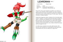 Rule 34 | character profile, lizardman (monster girl encyclopedia), monster girl, monster girl encyclopedia, ponytail, reptile girl, sword, weapon