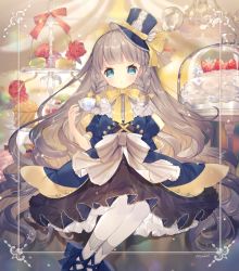 Rule 34 | 1girl, amenosaka nono, ankle bow, ankle ribbon, aqua eyes, artist name, blue footwear, blush, border, bow, braid, cake, cross-laced footwear, cup, cupcake, dress, flower, food, frills, fruit, grey hair, hair bow, hat, hat bow, holding, holding cup, leg ribbon, long hair, looking at viewer, macaron, neck ribbon, original, overskirt, pantyhose, red bow, red flower, ribbon, serving dome, short sleeves, side braid, sitting, solo, strawberry, striped, striped bow, teacup, tiered tray, top hat, very long hair, white pantyhose, yellow bow, yellow ribbon