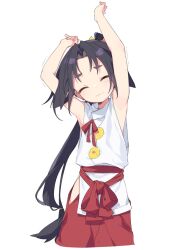 1boy armpits arms_up black_hair bow closed_eyes cowboy_shot hip_vent houjou_tokiyuki_(nige_jouzu_no_wakagimi) japanese_clothes long_hair low-cut_armhole low-tied_long_hair male_focus motion_lines name_(oiuio) nige_jouzu_no_wakagimi parted_bangs ponytail raised_eyebrows red_sash sash sidelocks_tied_back simple_background solo stretching tabard trembling very_long_hair wavy_mouth white_background white_tabard