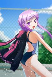 Rule 34 | 1girl, ass, black jacket, blue sky, blurry, chain-link fence, cloud, commentary request, competition swimsuit, cowboy shot, day, depth of field, fence, from behind, highleg, hood, hooded jacket, jacket, looking at viewer, one-piece swimsuit, open mouth, purple eyes, purple hair, sakaguchi takayuki, short hair with long locks, sky, smile, solo, splashing, swimsuit, twitter username, vocaloid, voiceroid, water, yuzuki yukari