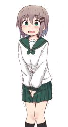 Rule 34 | 1girl, between legs, black socks, blush, brown hair, collarbone, embarrassed, female focus, flat chest, green eyes, green sailor collar, green skirt, hair ornament, hairclip, hand between legs, have to pee, highres, kneehighs, knees together feet apart, long sleeves, miniskirt, nose blush, open mouth, own hands together, pleated skirt, ponnu (tnpn2yw), sailor collar, school uniform, shirt, short hair, simple background, skirt, socks, solo, standing, sweat, trembling, v arms, wavy mouth, white background, white shirt, wide-eyed, yama no susume, yukimura aoi
