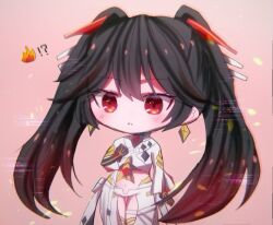 !? 1girl black_hair chibi earrings hair_between_eyes hair_ornament highres jewelry long_hair long_sleeves lucia_(pgr) midriff miyabihage pants punishing:_gray_raven red_eyes twintails very_long_hair white_pants