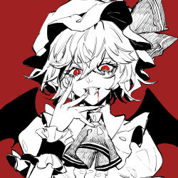 Rule 34 | 1girl, ascot, bat wings, blood, blood from mouth, bright pupils, center frills, fangs, fingernails, frills, hair between eyes, hand up, hat, highres, kaoru (alicemakoto), long fingernails, medium hair, mob cap, monochrome, open mouth, puffy short sleeves, puffy sleeves, red background, red eyes, remilia scarlet, ribbon, shirt, short sleeves, simple background, slit pupils, smile, solo, touhou, upper body, white pupils, wings, wrist cuffs