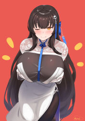 Rule 34 | 1girl, black bodysuit, black hair, blue ribbon, blush, bodysuit, breasts, breasts squeezed together, closed mouth, daiyan (neural cloud), dress, girls&#039; frontline neural cloud, gloves, hair ribbon, highres, huge breasts, kion-kun, long hair, long sleeves, looking at viewer, one eye closed, red background, ribbon, smile, solo, very long hair, white dress, white gloves, yellow eyes