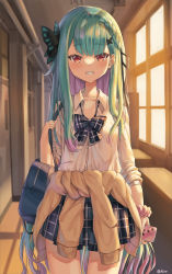 Rule 34 | 1girl, absurdly long hair, absurdres, alter (kxk7357), artist name, bag, black ribbon, blue bow, blue bowtie, blue skirt, blunt bangs, blush, bow, bowtie, braid, brown jacket, bug, butterfly, butterfly hair ornament, cellphone, collarbone, collared shirt, dot nose, earrings, flat chest, gradient hair, green hair, grin, hair between eyes, hair ornament, hair ribbon, hallway, highres, holding, holding bag, holding phone, hololive, indoors, insect, jacket, jewelry, long hair, long sleeves, looking at viewer, multicolored hair, phone, pink hair, plaid, plaid bow, plaid bowtie, plaid skirt, red eyes, ribbon, school, school bag, school uniform, shirt, sidelocks, skirt, sleeves rolled up, smartphone, smile, solo, standing, sunlight, sunset, teeth, uruha rushia, uruha rushia (school uniform), very long hair, virtual youtuber, watermark, white shirt