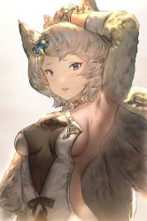 Rule 34 | 10s, 1girl, animal ears, aos, arm up, armpits, blush, bob cut, bracelet, breasts, criss-cross halter, detached sleeves, erune, gradient background, granblue fantasy, grey eyes, halterneck, highres, jewelry, mole, mole under mouth, see-through, short hair, silver hair, simple background, small breasts, solo, stella (granblue fantasy), sutera (granblue fantasy), sweatdrop, upper body