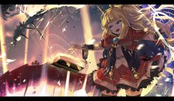 Rule 34 | 1girl, :d, arm up, bangle, black thighhighs, blonde hair, blue cape, blue eyes, book, bow, bowtie, bracelet, bracer, brooch, cagliostro (granblue fantasy), cape, capelet, cowboy shot, dragon, floating hair, glowing, granblue fantasy, head tilt, highres, jewelry, kashu (hizake), letterboxed, light, long hair, looking away, looking to the side, magic, open book, open mouth, outdoors, outstretched arm, red bow, red capelet, red neckwear, red skirt, sharp teeth, shirt, sidelocks, skirt, smile, spikes, standing, teeth, thighhighs, tiara, v-shaped eyebrows, vial, white shirt, wind