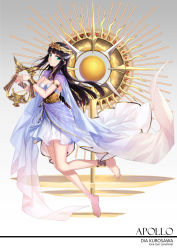 Rule 34 | 10s, 1girl, anklet, apollo, barefoot, black hair, blunt bangs, bracelet, breasts, cape, cleavage, curry bowl, feet, greek mythology, green eyes, hair ornament, hairclip, harp, highres, hime cut, instrument, jewelry, kurosawa dia, laurel crown, long hair, love live!, love live! school idol festival, love live! sunshine!!, lyre, smile, solo