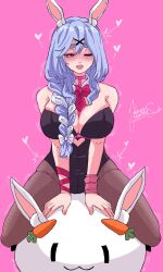 Rule 34 | 1girl, absurdres, alternate costume, animal ears, black leotard, black pantyhose, blush, bow, braid, braided ponytail, breasts, cleavage, detached collar, fishnet pantyhose, fishnets, hair bow, hair ornament, heart, heart-shaped pupils, highres, hololive, jasper xandros, large breasts, leotard, looking at viewer, mature female, necktie, one eye closed, open mouth, pantyhose, pekomama, pekomon (usada pekora), pink background, playboy bunny, rabbit ears, rabbit girl, rabbit hole (vocaloid), red eyes, red necktie, short eyebrows, smile, solo, strapless, strapless leotard, symbol-shaped pupils, virtual youtuber, white bow, x hair ornament