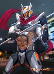 Rule 34 | 1boy, abs cutout, algernon (housamo), armor, bara, breastplate, cleavage cutout, clothing cutout, colored sclera, crotch plate, feet out of frame, helmet, highres, holding, holding polearm, holding weapon, large pectorals, looking at viewer, male focus, muscular, muscular male, navel, outdoors, pectorals, photo background, polearm, red eyes, red scarf, scarf, solo, standing, tokyo houkago summoners, tsukigara rosshi, weapon, yellow sclera
