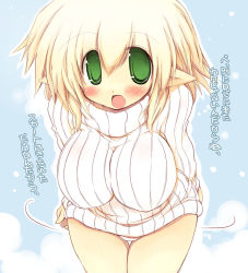 Rule 34 | 1girl, blonde hair, blue background, blush, breasts, green eyes, large breasts, leaning forward, long sleeves, naked sweater, no pants, open mouth, original, panties, pointy ears, sakaki (noi-gren), short hair, solo, striped, sweater, translation request, tsundere, underwear, vertical stripes, white panties