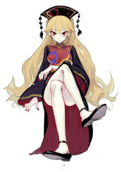 Rule 34 | 1girl, bare legs, black dress, black footwear, blonde hair, blush, chinese clothes, dress, earrings, fkey, full body, hat, highres, jewelry, junko (touhou), crossed legs, long hair, long sleeves, looking at viewer, nail polish, red eyes, red nails, ribbon, shoes, simple background, sitting, solo, tabard, tassel, touhou, very long hair, white background, wide sleeves, yellow ribbon