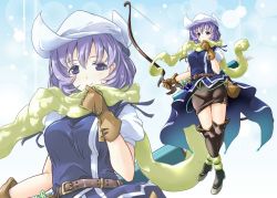 Rule 34 | 1girl, alternate costume, arrow (projectile), belt, blush, boots, bow (weapon), breasts, brown footwear, brown gloves, brown skirt, closed mouth, commentary request, crossed legs, gloves, hat, hirowa nagi, holding, holding bow (weapon), holding weapon, letty whiterock, looking at viewer, medium breasts, puffy short sleeves, puffy sleeves, purple eyes, purple hair, quiver, scarf, short hair, short sleeves, skirt, smile, standing, thigh boots, thighhighs, touhou, weapon, white hat, yellow scarf, zoom layer