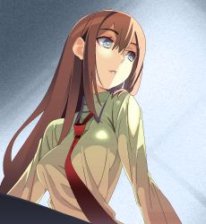 Rule 34 | 1girl, bad id, bad pixiv id, between breasts, blue eyes, breasts, brown hair, dress shirt, from below, large breasts, long hair, looking to the side, makise kurisu, necktie, necktie between breasts, parted lips, samonegi, shirt, solo, steins;gate, taut clothes, taut shirt, very long hair