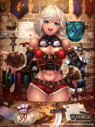 Rule 34 | 1girl, :d, arm belt, axe, bad anatomy, belt, blue eyes, book, bookshelf, breasts, brown gloves, cleavage, coin, copyright name, dagger, earrings, fantasy, fingerless gloves, gloves, goggles, goggles around neck, hand on own hip, highres, indoors, jewelry, knife, medium breasts, mole, mole under eye, navel, official art, open book, open mouth, paper, quill, red shorts, rindou (rdgraphica), sack, scroll, sheath, short hair, short shorts, shorts, smile, standing, sword, teikoku senki, watermark, weapon, web address, white hair