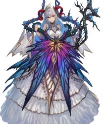 Rule 34 | 1girl, bare shoulders, blue flower, blue hair, blue rose, breasts, dress, female focus, fire emblem, fire emblem heroes, flower, freyja (fire emblem), full body, hair ornament, highres, holding, horns, large breasts, layered dress, layered skirt, long hair, long sleeves, multicolored hair, nintendo, official art, red eyes, rose, silver hair, skirt, solo, staff, thorns, transparent background, turtleneck, yoshiku (oden-usagi)