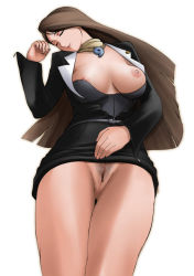 Rule 34 | 1girl, ace attorney, arisawa masaharu, breasts, capcom, censored, cleft of venus, long hair, lying, magatama, mia fey, nipples, no panties, on back, open clothes, pubic hair, pussy, skirt, solo, tagme