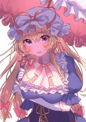 Rule 34 | 1girl, :d, absurdres, blonde hair, blush, bow, breasts, choker, commentary request, corset, dress, frills, gloves, hair between eyes, hair bow, hat, hat ribbon, highres, holding, holding umbrella, large breasts, long hair, looking at viewer, masanaga (tsukasa), mob cap, open mouth, pink bow, pink choker, pink ribbon, puffy short sleeves, puffy sleeves, purple dress, purple eyes, ribbon, ribbon choker, short sleeves, simple background, smile, solo, touhou, umbrella, upper body, white background, white gloves, white hat, yakumo yukari