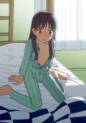 Rule 34 | 1girl, barefoot, bed, blush, breasts, curtains, eyebrows, feet, flcl, full body, green eyes, long hair, ninamori eri, open clothes, open mouth, pajamas, pillow, purple hair, shikuchin, sitting, solo, striped, unbuttoned, unbuttoned shirt