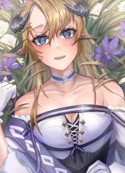 Rule 34 | 1girl, :d, arknights, bad id, bad pixiv id, bare shoulders, blonde hair, blue eyes, collarbone, dress, flower, hair between eyes, highres, horns, long hair, looking at viewer, nibiiro (deep 4242), off-shoulder dress, off shoulder, official alternate costume, open mouth, pointy ears, purple flower, rose, saileach (appreciate fragrance) (arknights), saileach (arknights), smile, solo, upper body, white dress, white flower, white rose