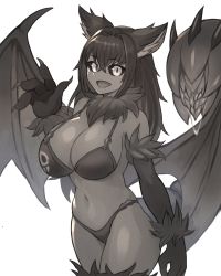 Rule 34 | 1girl, :d, animal ear fluff, animal ears, animal hands, bare shoulders, bikini, black bikini, black fur, black hair, black sclera, breasts, claws, colored sclera, colored skin, commentary, commission, cowboy shot, dog ears, english commentary, female focus, fusion, grey skin, hair between eyes, hand up, hellhound (monster girl encyclopedia), highres, large breasts, long hair, looking at viewer, manticore (monster girl encyclopedia), monster girl, monster girl encyclopedia, monster girl encyclopedia ii, navel, open mouth, second-party source, simple background, smile, solo, sookmo, standing, swimsuit, tail, waving, white background, wings