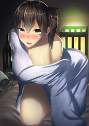 Rule 34 | 10s, 1girl, all fours, black hair, blush, breasts, brown eyes, hair between eyes, japanese clothes, kaga (kancolle), kantai collection, kimono, large breasts, long sleeves, looking at viewer, muunyan (yumenekoya), nose blush, off shoulder, on bed, open mouth, short hair, side ponytail, solo, wide sleeves