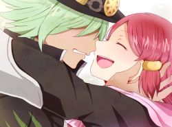 Rule 34 | 10s, 1boy, 1girl, blush, breasts, closed eyes, coat, dezel (tales), gradient background, green hair, hair ornament, hat, hood, jacket, open mouth, red hair, rose (tales), short hair, tales of (series), tales of zestiria