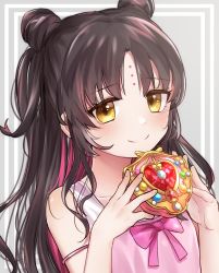 Rule 34 | 1girl, babydoll, bare shoulders, black hair, blush, breasts, closed mouth, double bun, dress swimsuit, facial mark, fate/grand order, fate (series), forehead mark, hair bun, highres, long hair, looking at viewer, multicolored hair, one-piece swimsuit, parted bangs, pink babydoll, pink hair, pink one-piece swimsuit, sessyoin kiara, sessyoin kiara (lily), small breasts, smile, soramame pikuto, streaked hair, swimsuit, very long hair, wavy hair, yellow eyes