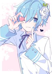 Rule 34 | 1boy, blue eyes, blue hair, blue nails, candy, candy heart, cherry blossoms, commentary, double-breasted, flower, food, formal, grin, hair flower, hair ornament, heart, holding, holding candy, holding food, index finger raised, kaito (vocaloid), male focus, nail polish, one eye closed, one eye covered, pink background, smile, solo, suit, upper body, vocaloid, white flower, white suit, yoshiki