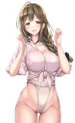 Rule 34 | 1girl, ahoge, arms at sides, arms up, bad id, bad twitter id, bare legs, black bow, blush, bow, braid, breasts, brown hair, cleavage, cowboy shot, fundoshi, groin, hair between eyes, hair bow, highleg, idolmaster, idolmaster shiny colors, japanese clothes, kuwayama chiyuki, large breasts, long braid, looking at viewer, mizu happi, open mouth, ponytail korosuke, shirt, simple background, single braid, smile, solo, sweat, tareme, tied shirt, wet, wet clothes, white background, wide sleeves, yellow eyes