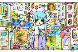 Rule 34 | 1girl, aqua eyes, aqua hair, fish, flower, garouma, hands in pockets, jacket, leaf, long hair, looking at viewer, marker (medium), original, plant, potted plant, purple jacket, scarf, sky, solo, stairs, traditional media, upper body, white flower, wide shot, window, yellow sky