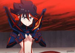 Rule 34 | 10s, 1girl, animated, animated gif, black hair, bouncing breasts, breasts, third-party edit, kill la kill, lowres, matoi ryuuko, multicolored hair, nipples, nude filter, red hair, revealing clothes, senketsu, short hair, solo, strap pull, third-party edit, two-tone hair, underboob, watermark