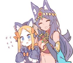 Rule 34 | 2girls, abigail williams (fate), animal ears, blonde hair, blue eyes, blush, bow, breasts, bridal gauntlets, cat ears, cleavage, closed eyes, colored skin, dark-skinned female, dark skin, ears through headwear, egyptian clothes, fake animal ears, fate/grand order, fate (series), forehead jewel, gem, hair bow, head chain, jackal ears, jewelry, large breasts, long hair, long sleeves, multiple girls, multiple hair bows, nanateru, open mouth, orange bow, purple hair, queen of sheba (fate), simple background, sleeves past fingers, sleeves past wrists, smile, white background, white skin