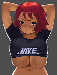 Rule 34 | 1girl, arms behind head, black eyes, black skirt, blush, breast press, breasts, cessa, clothes lift, covered erect nipples, dark-skinned female, dark skin, embarrassed, grey background, highres, kim pine, large breasts, looking at viewer, midriff, navel, red hair, scott pilgrim (series), short eyebrows, simple background, skirt, solo, stomach, upper body, v-shaped eyebrows