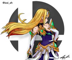 Rule 34 | 1girl, 2021, blonde hair, from behind, grin, hand on own hip, highres, izaiah, long hair, looking at viewer, looking back, mythra (xenoblade), nintendo, skirt, smile, standing, super smash bros., super smash bros. logo, tiara, xenoblade chronicles (series), xenoblade chronicles 2, yellow eyes