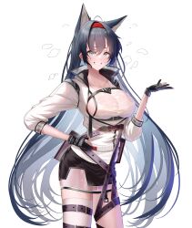 Rule 34 | 1girl, absurdres, animal ears, aqua eyes, arknights, black gloves, black hair, black skirt, blaze (arknights), breasts, cat ears, commentary request, cowboy shot, gloves, grin, hair between eyes, hairband, hand up, highres, jacket, large breasts, long hair, long sleeves, looking at viewer, miniskirt, pencil skirt, red hairband, simple background, skirt, smile, solo, sonna watashi, standing, tank top, thighs, very long hair, white background, white jacket, white tank top