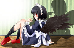 Rule 34 | 1girl, alternate costume, apron, arm support, black hair, black socks, black wings, blush, contemporary, enmaided, from side, full body, juliet sleeves, knees up, long sleeves, looking at viewer, loose socks, maid, maid apron, maid headdress, mary janes, minase tamaki, pointy ears, profile, puffy sleeves, red eyes, red footwear, shameimaru aya, shoes, short hair, sitting, smile, socks, solo, touhou, wings